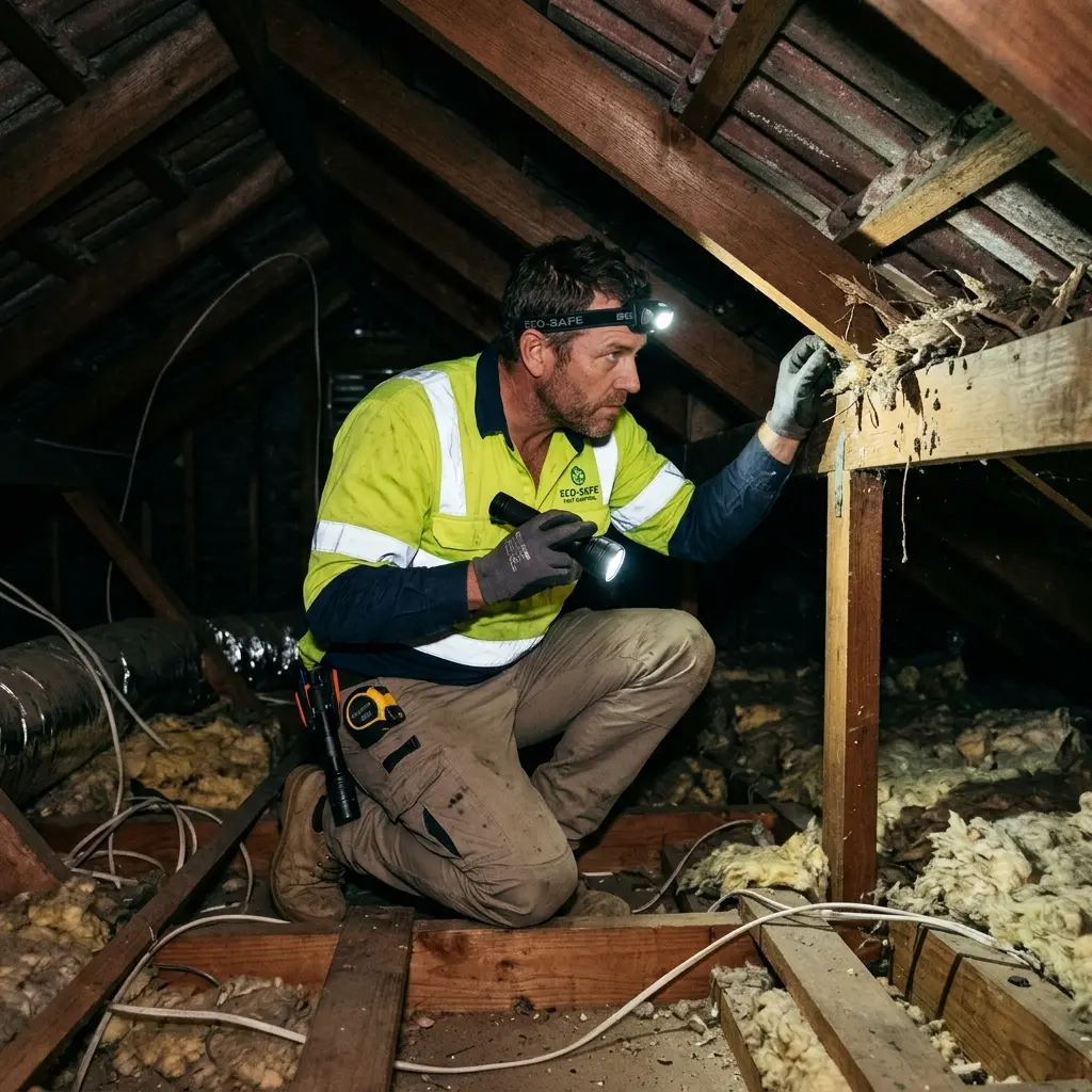 Technician inspecting a roof cavity for a dead animal in Merricks