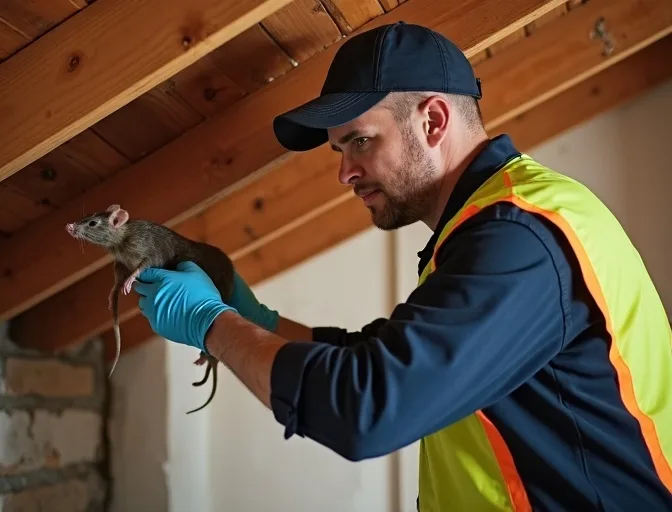 Technician inspecting a roof cavity for a dead rat in Merricks
